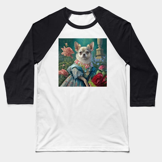 Chihuahua Dog in Blue Dress Baseball T-Shirt by candiscamera